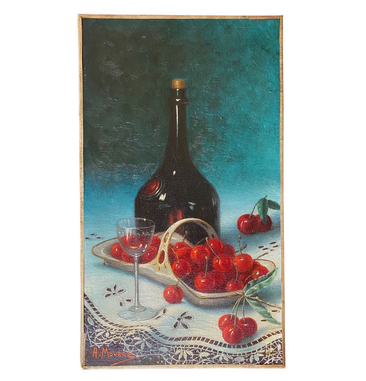 Nature morte aux cerises. Huile sur toile. Alger début XXème. Anne Mourre. 
