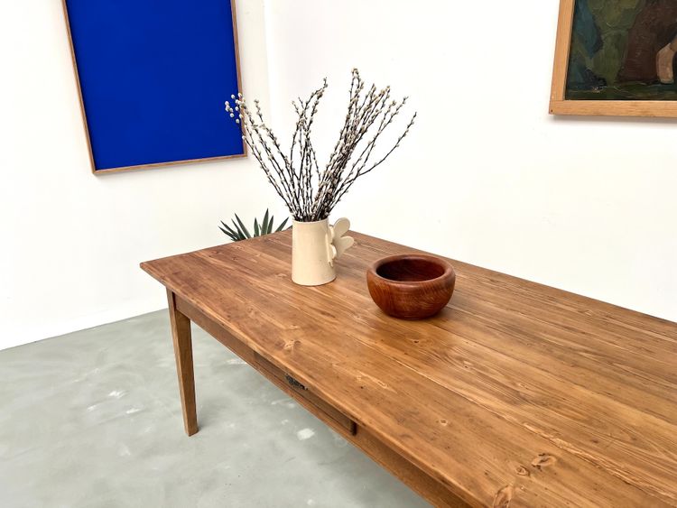Table de ferme des années 50, chêne et pin