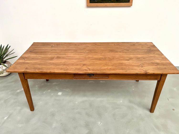 Table de ferme des années 50, chêne et pin