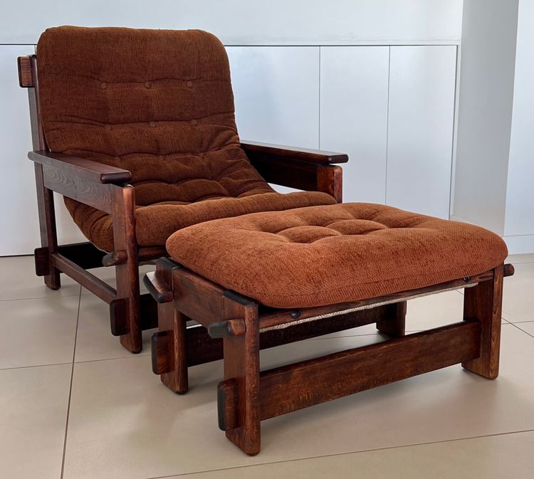 Scandinavian oak armchair and ottoman, 60s