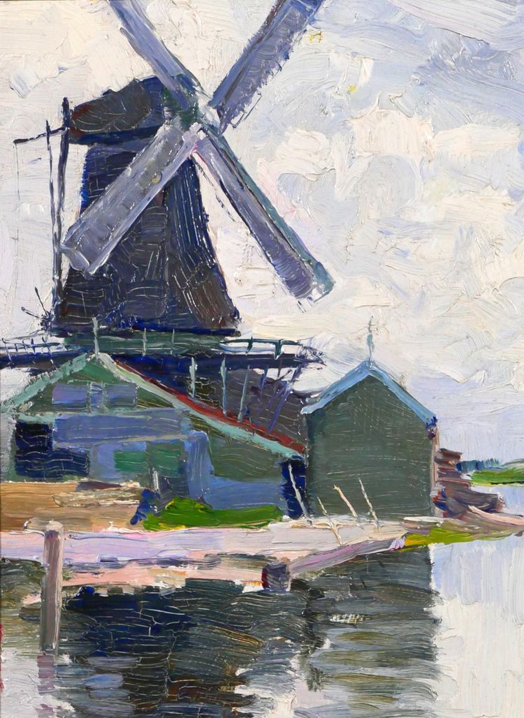 Georges BUYSSE 1864-1916 Mill in Belgium, painting, 1888 Impressionism Art Nouveau landscape