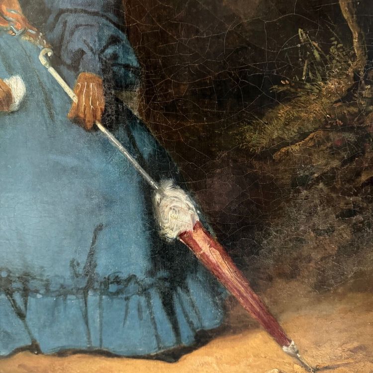 Oil on canvas, woman with umbrella in undergrowth, 19th century