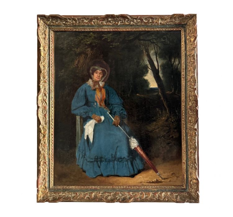Oil on canvas, woman with umbrella in undergrowth, 19th century