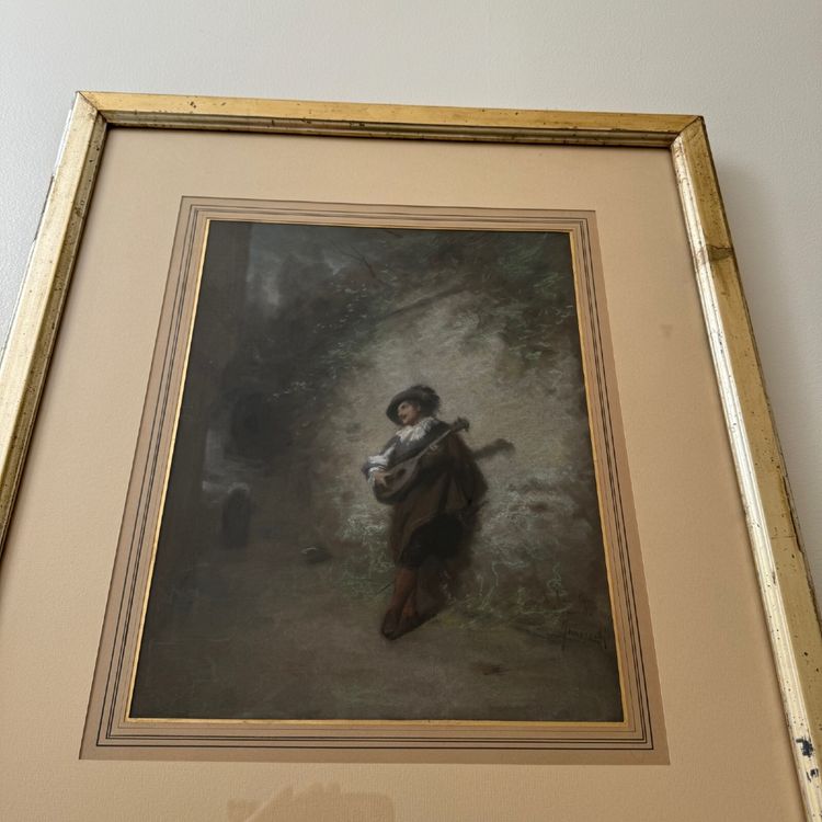 19th century watercolor on paper depicting a troubadour in a gilded frame