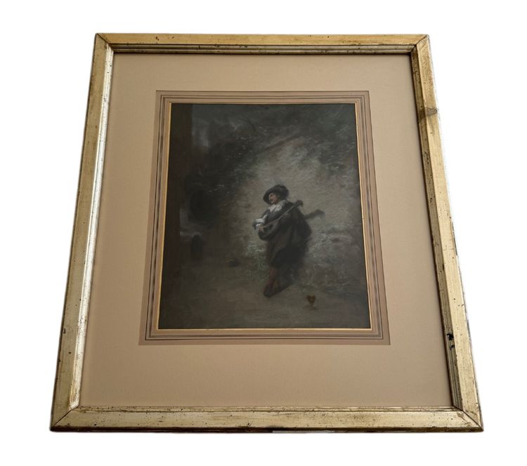 19th century watercolor on paper depicting a troubadour in a gilded frame