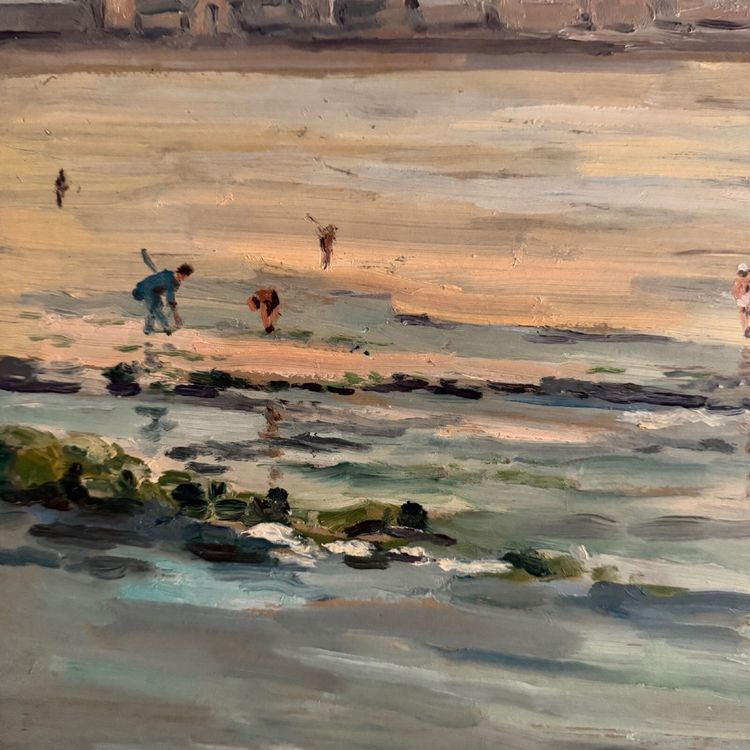 Oil on hardboard beachfront with fishermen on foot 1958 by R.P.