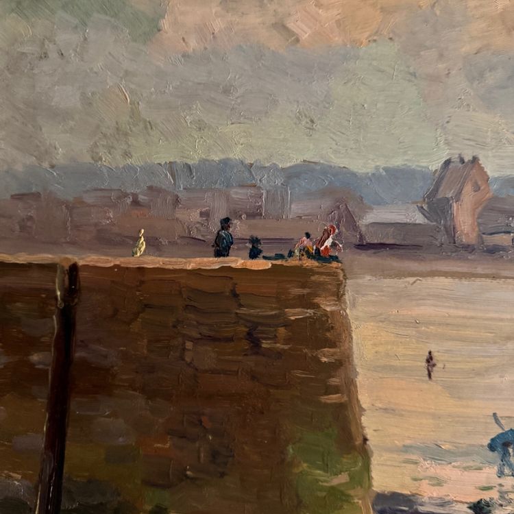 Oil on hardboard beachfront with fishermen on foot 1958 by R.P.