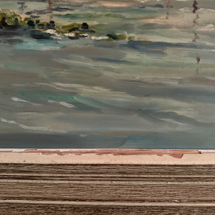 Oil on hardboard beachfront with fishermen on foot 1958 by R.P.