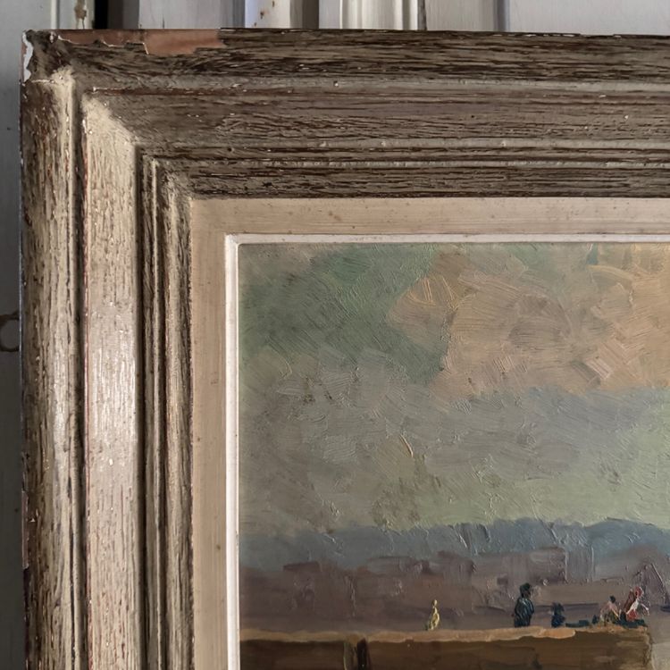 Oil on hardboard beachfront with fishermen on foot 1958 by R.P.