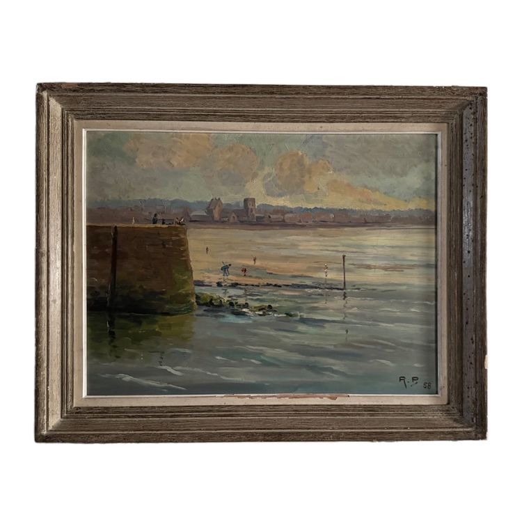 Oil on hardboard beachfront with fishermen on foot 1958 by R.P.