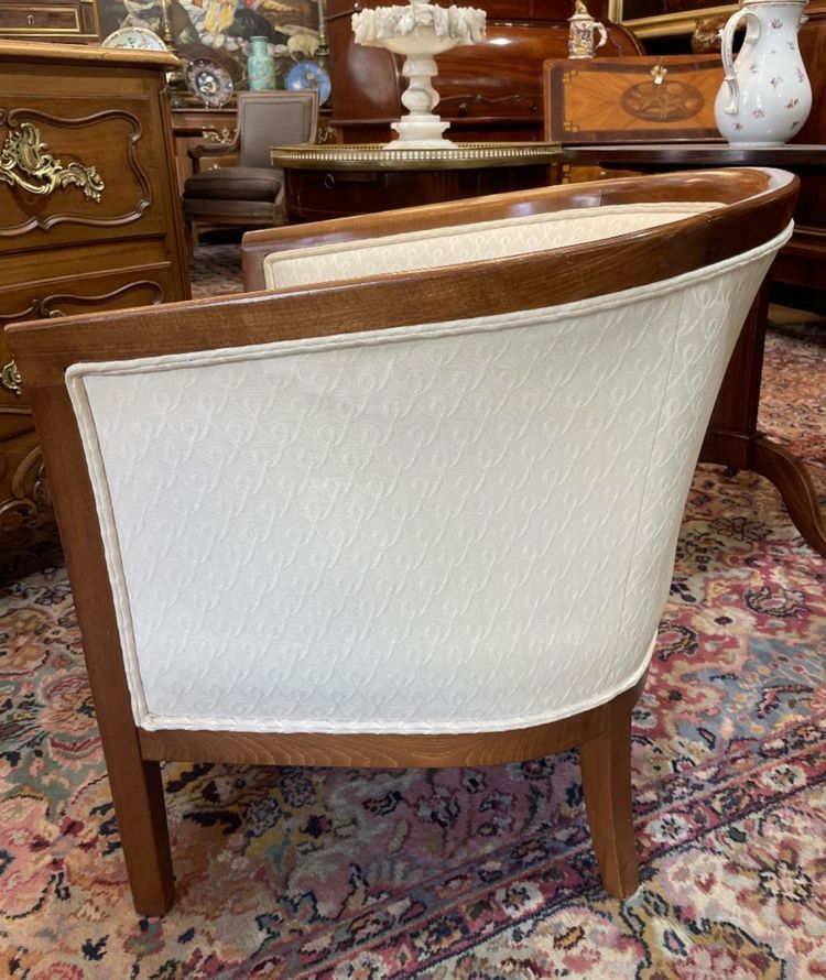 Pair of barrel armchairs in stained beech, recently upholstered