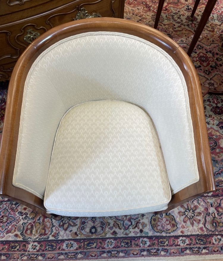 Pair of barrel armchairs in stained beech, recently upholstered