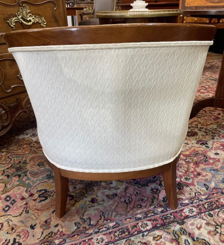 Pair of barrel armchairs in stained beech, recently upholstered