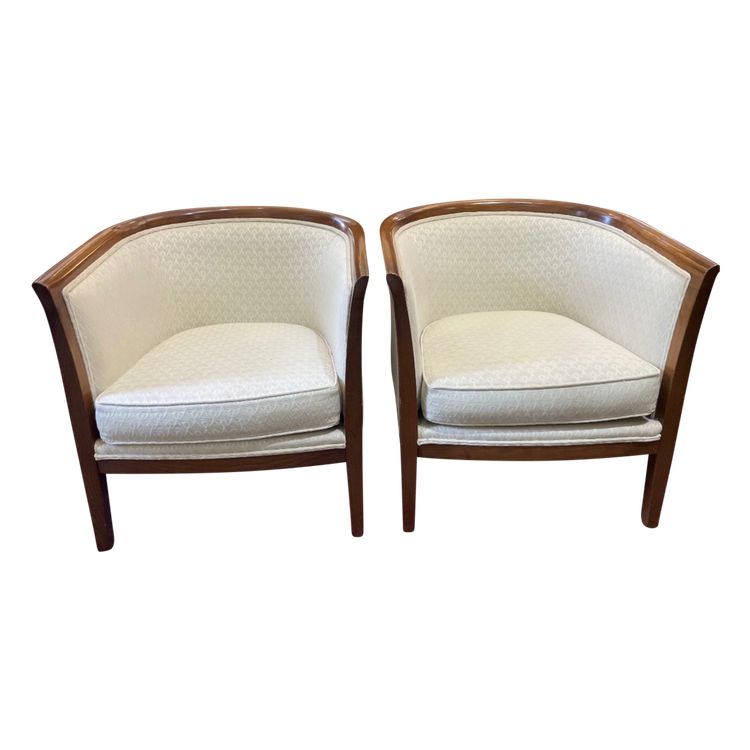Pair of barrel armchairs in stained beech, recently upholstered