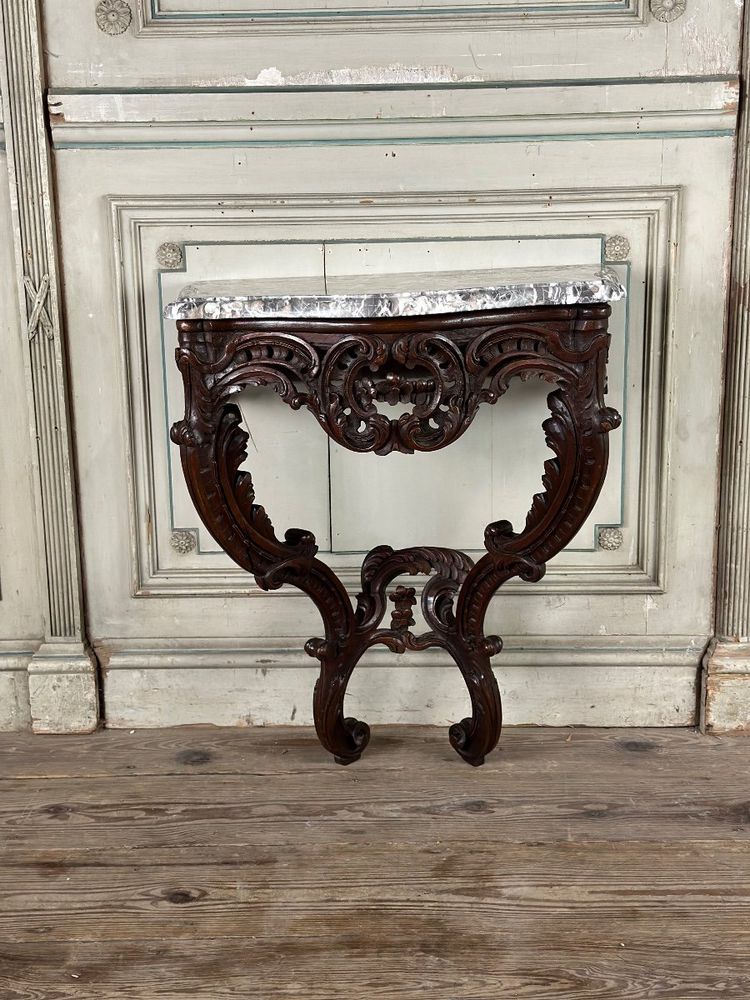 Console in legno intagliato Luigi XV, marmo grigio delle Ardenne, XVIII secolo