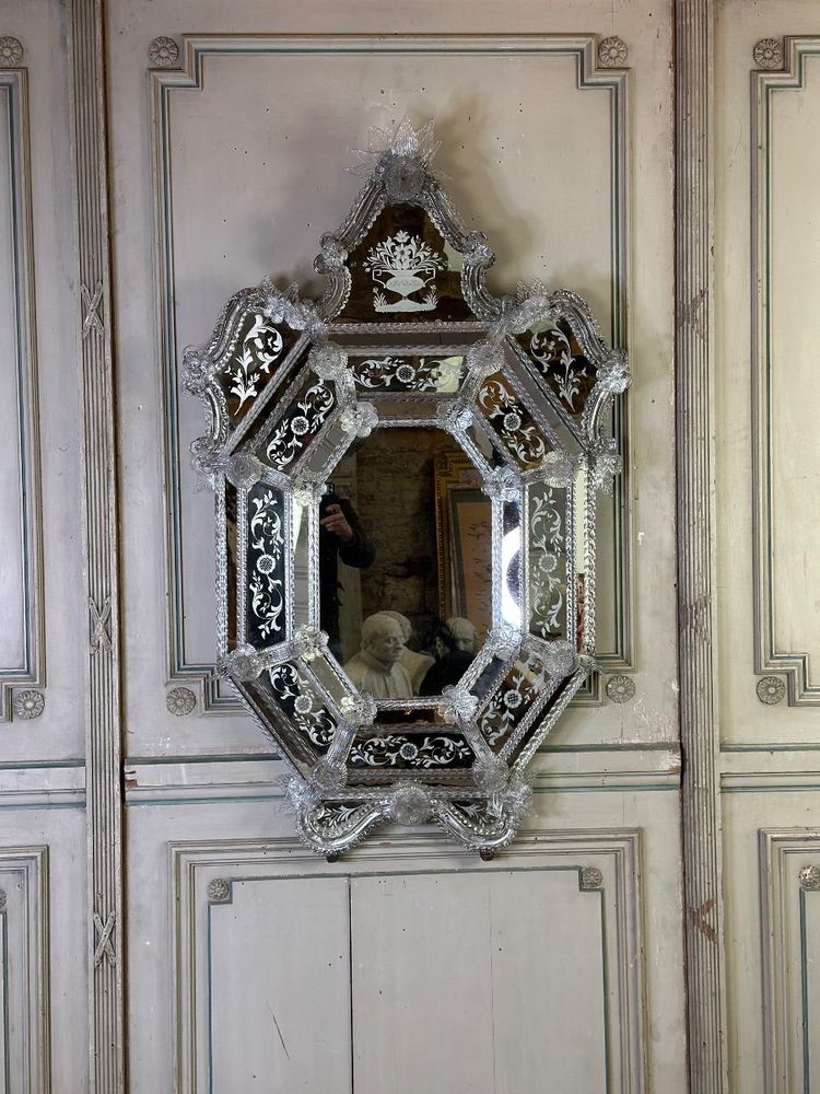 Important Miroir Vénitien En Verre De Murano Incolore, Vers 1880