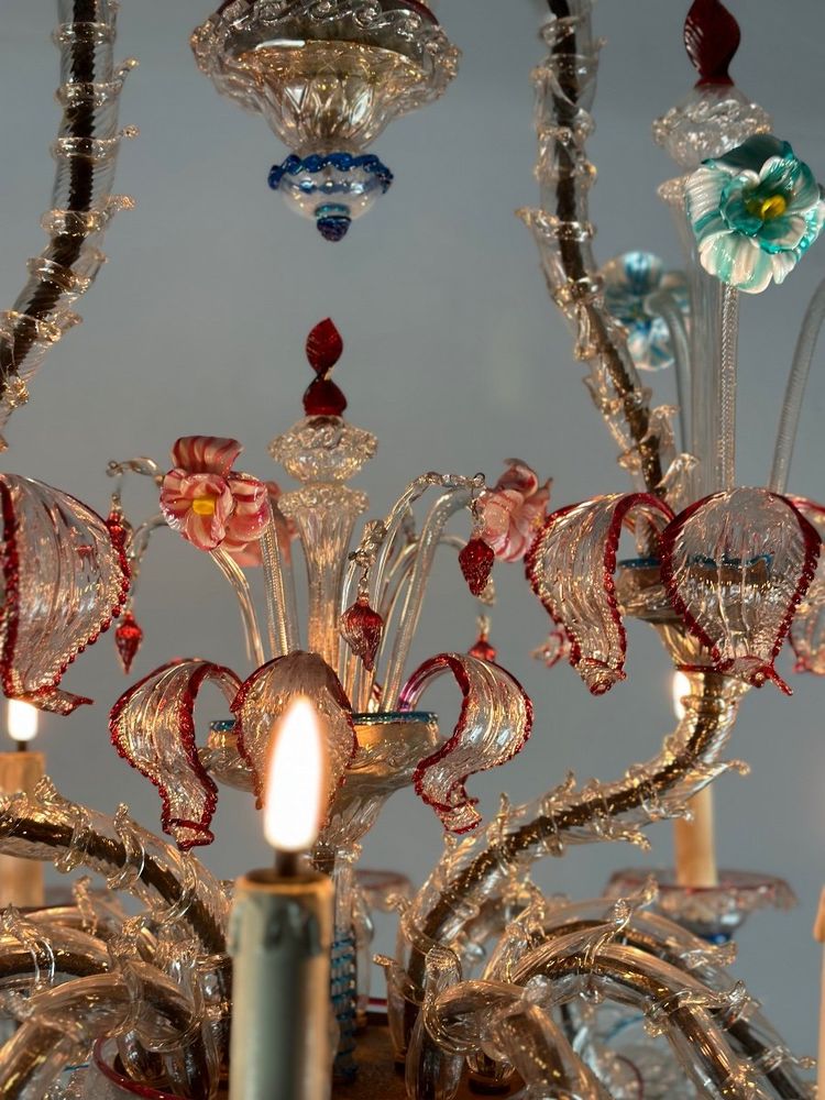 Rezzonico Murano Glass Venetian Chandelier, Multicolored, 10 Light Arms
