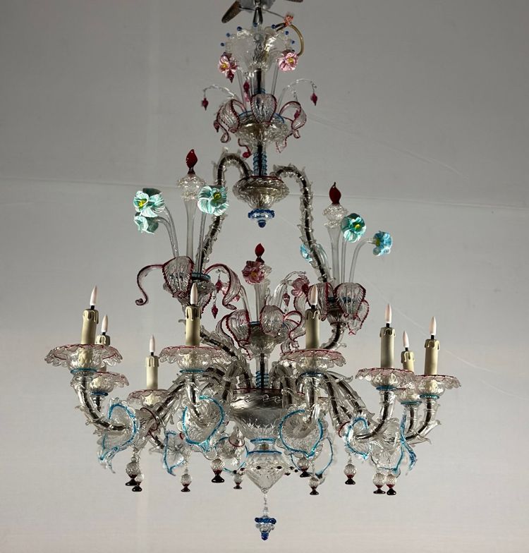 Rezzonico Murano Glass Venetian Chandelier, Multicolored, 10 Light Arms