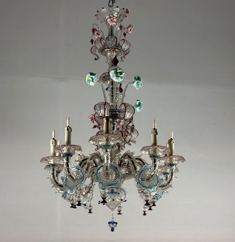 Rezzonico Murano Glass Venetian Chandelier, Multicolored, 10 Light Arms