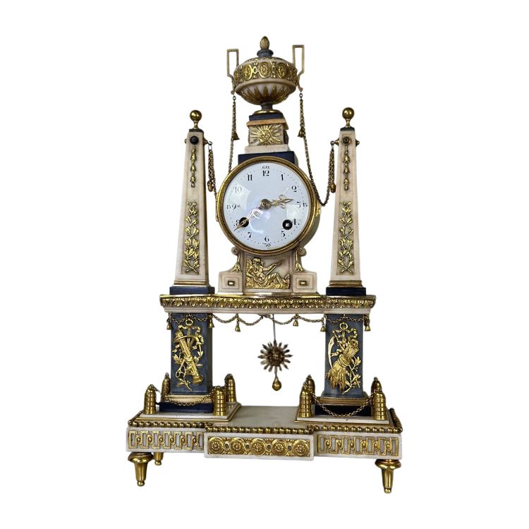Louis XVI Portico Clock In Marble And Gilt Bronze, 18th Century