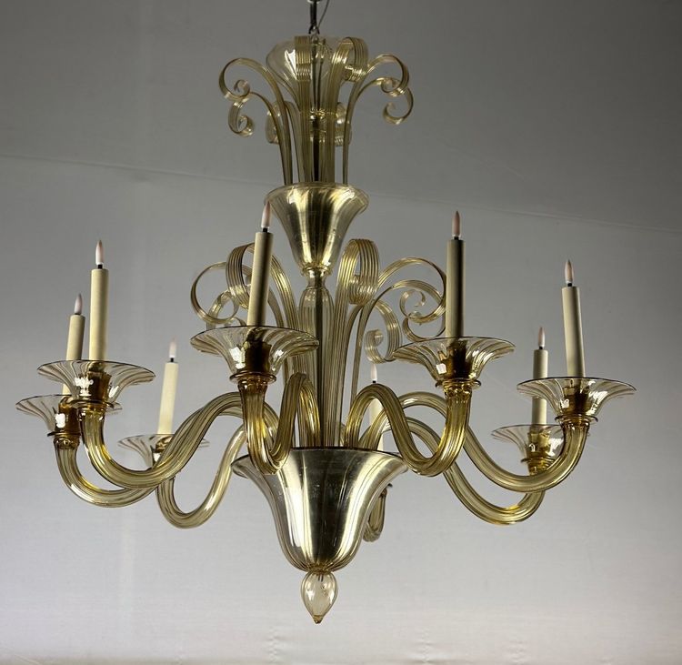Venetian Chandelier In Murano Gilded Glass, 8 Light Arms Circa 1940