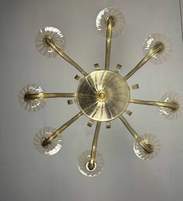 Venetian Chandelier In Murano Gilded Glass, 8 Light Arms Circa 1940
