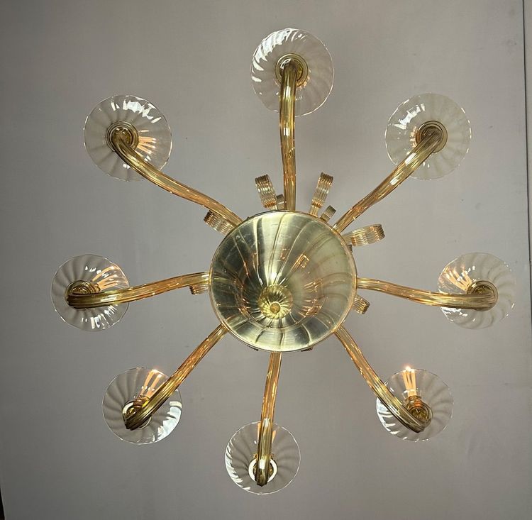 Venetian Chandelier In Murano Gilded Glass, 8 Light Arms Circa 1940