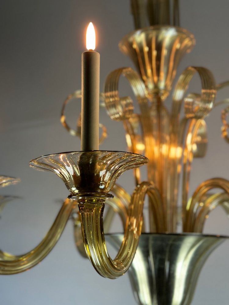 Venetian Chandelier In Murano Gilded Glass, 8 Light Arms Circa 1940