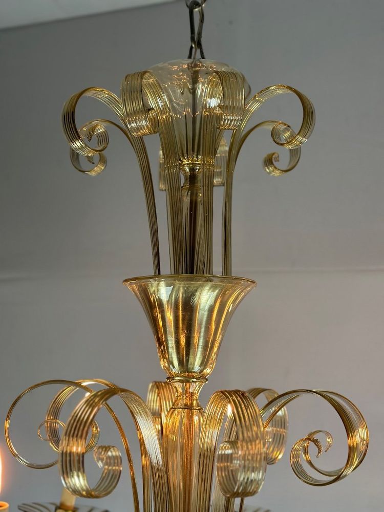 Venetian Chandelier In Murano Gilded Glass, 8 Light Arms Circa 1940