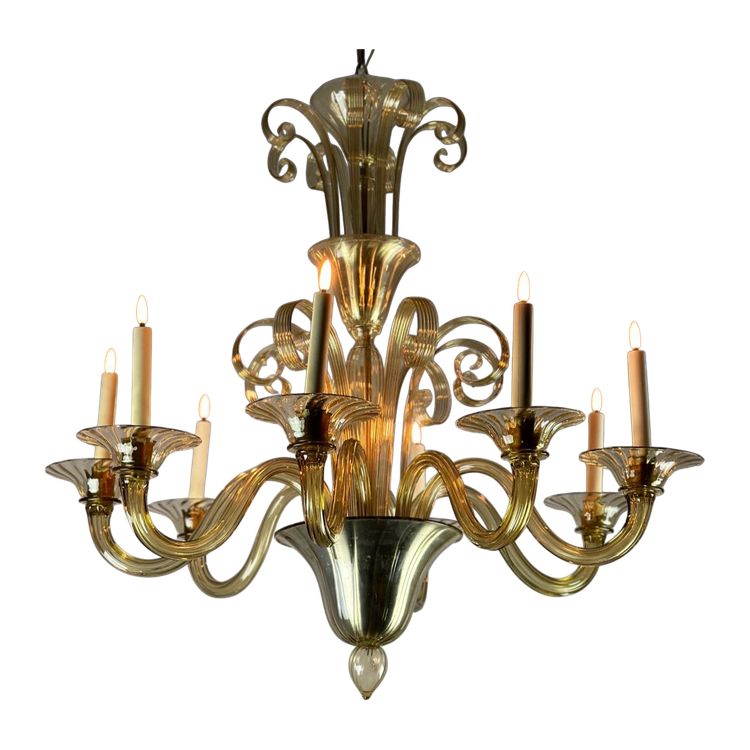 Venetian Chandelier In Murano Gilded Glass, 8 Light Arms Circa 1940