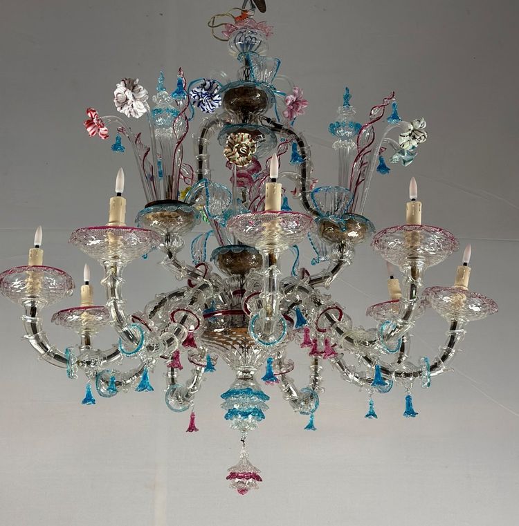 Rezzonico Venetian Chandelier In Multicolored Murano Glass Circa 1920