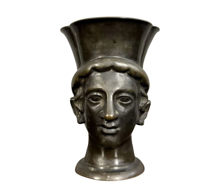 Testa di giovane in bronzo antico patinato, medaglia, XIX secolo