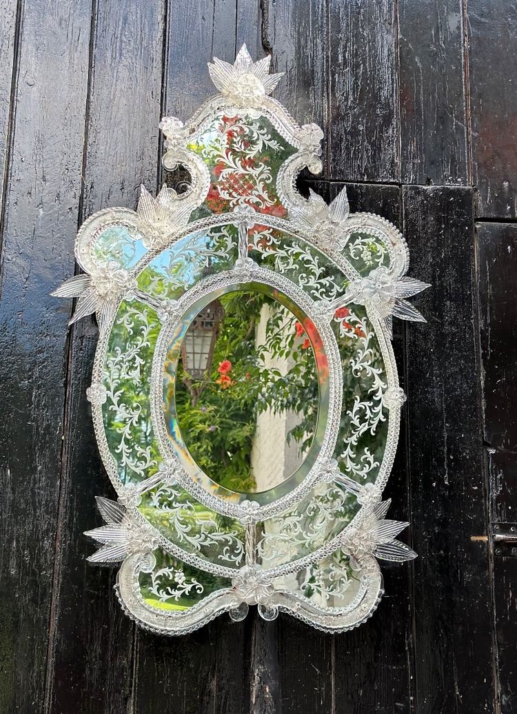 Miroir Vénitien En Verre De Murano Incolore, Vers 1940