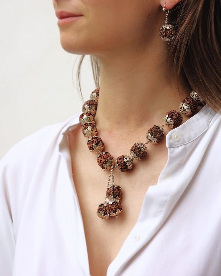 Set di semi di rudraksha in argento a 5 lati, gioielli indiani, induismo, mala