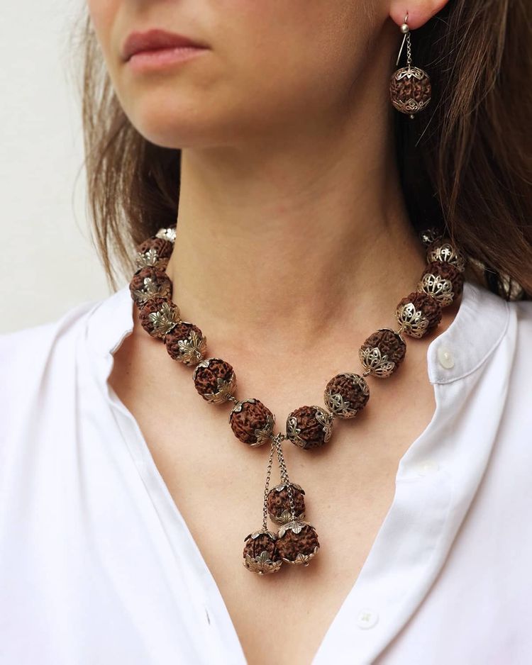 Set di semi di rudraksha in argento a 5 lati, gioielli indiani, induismo, mala