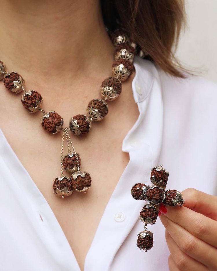 Set di semi di rudraksha in argento a 5 lati, gioielli indiani, induismo, mala