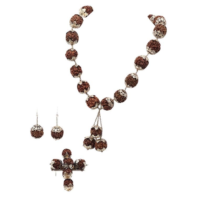 Set di semi di rudraksha in argento a 5 lati, gioielli indiani, induismo, mala