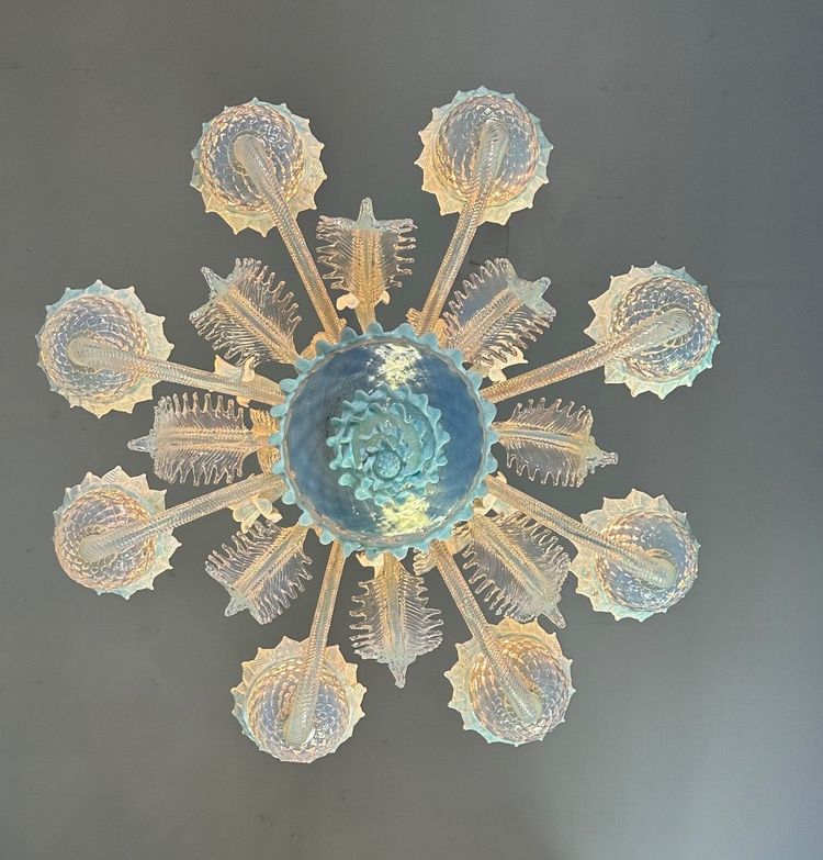 Venetian Chandelier In Murano Glass Two Shades Of Blue, Circa 1940, 8 Light Arms