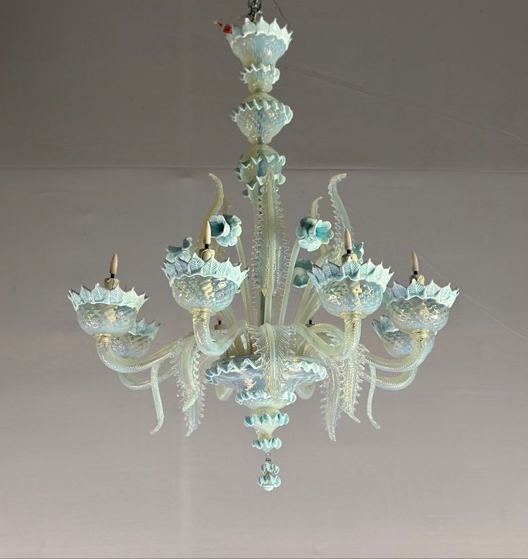 Venetian Chandelier In Murano Glass Two Shades Of Blue, Circa 1940, 8 Light Arms