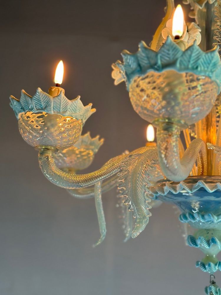 Venetian Chandelier In Murano Glass Two Shades Of Blue, Circa 1940, 8 Light Arms