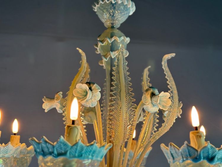 Venetian Chandelier In Murano Glass Two Shades Of Blue, Circa 1940, 8 Light Arms