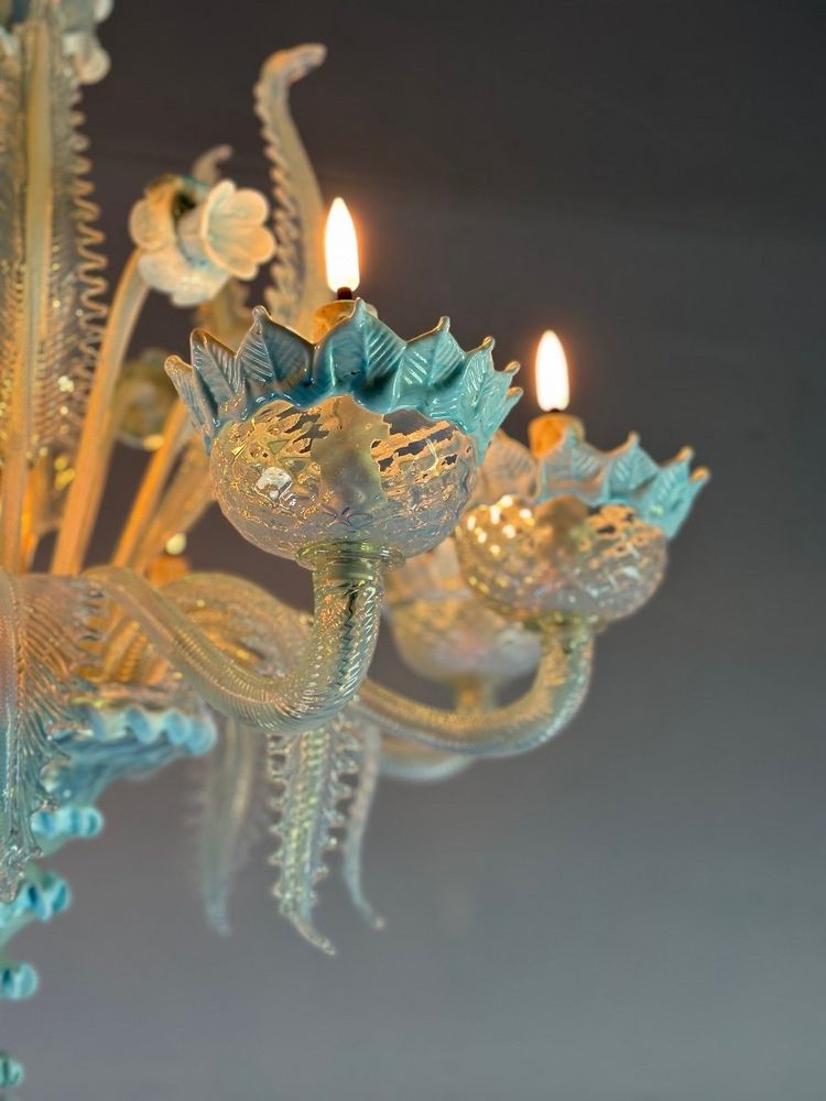 Venetian Chandelier In Murano Glass Two Shades Of Blue, Circa 1940, 8 Light Arms