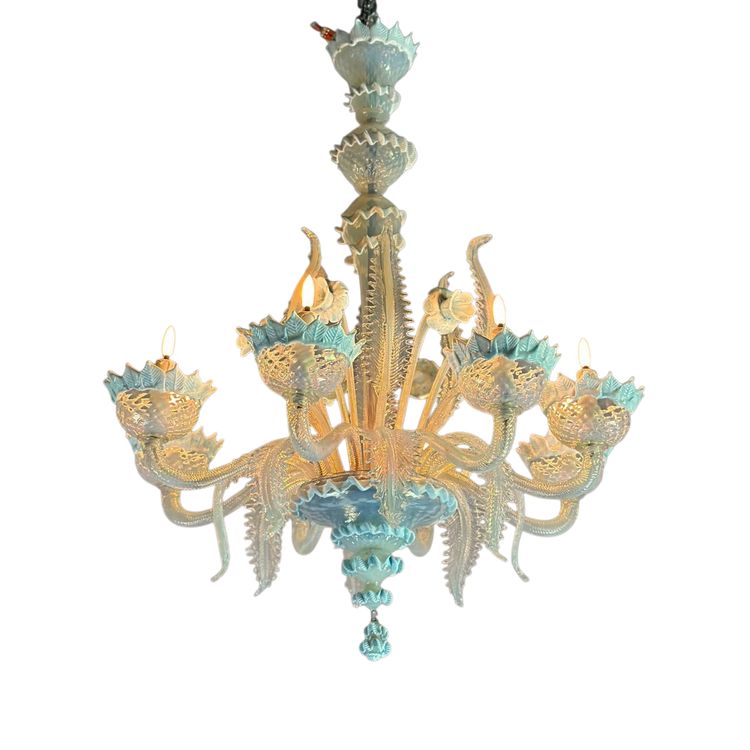 Venetian Chandelier In Murano Glass Two Shades Of Blue, Circa 1940, 8 Light Arms