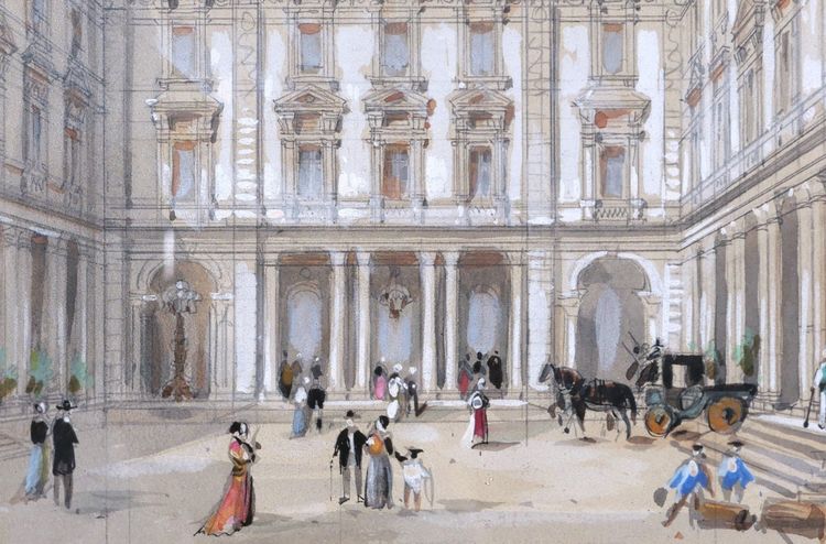Hubert CLERGET, Veduta animata di fronte all'Hotel Continental a Parigi