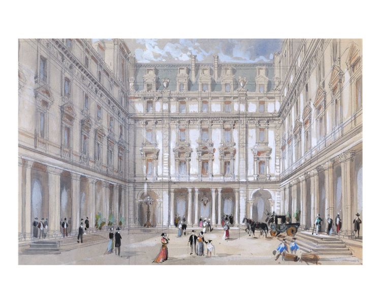Hubert CLERGET, Veduta animata di fronte all'Hotel Continental a Parigi