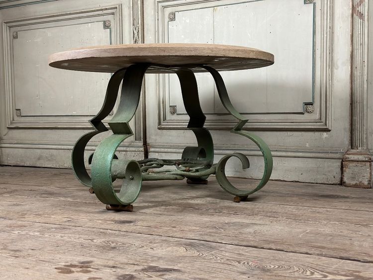 Table Basse En Fer Forgé Et Marbre Beige Vers 1930