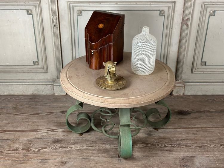 Table Basse En Fer Forgé Et Marbre Beige Vers 1930