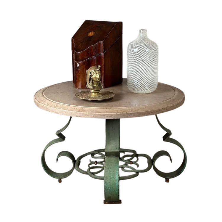 Table Basse En Fer Forgé Et Marbre Beige Vers 1930