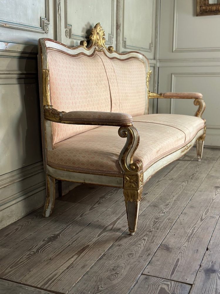 Baroque Style Bench in Gilded and Painted Wood, Italy, 19th Century