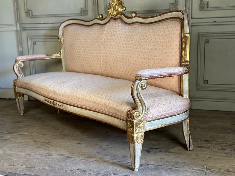Baroque Style Bench in Gilded and Painted Wood, Italy, 19th Century